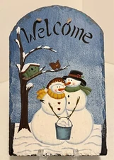 Hand Painted Slate Christmas Snowman and Cardinal Welcome Hanging Sign 12" X 8"