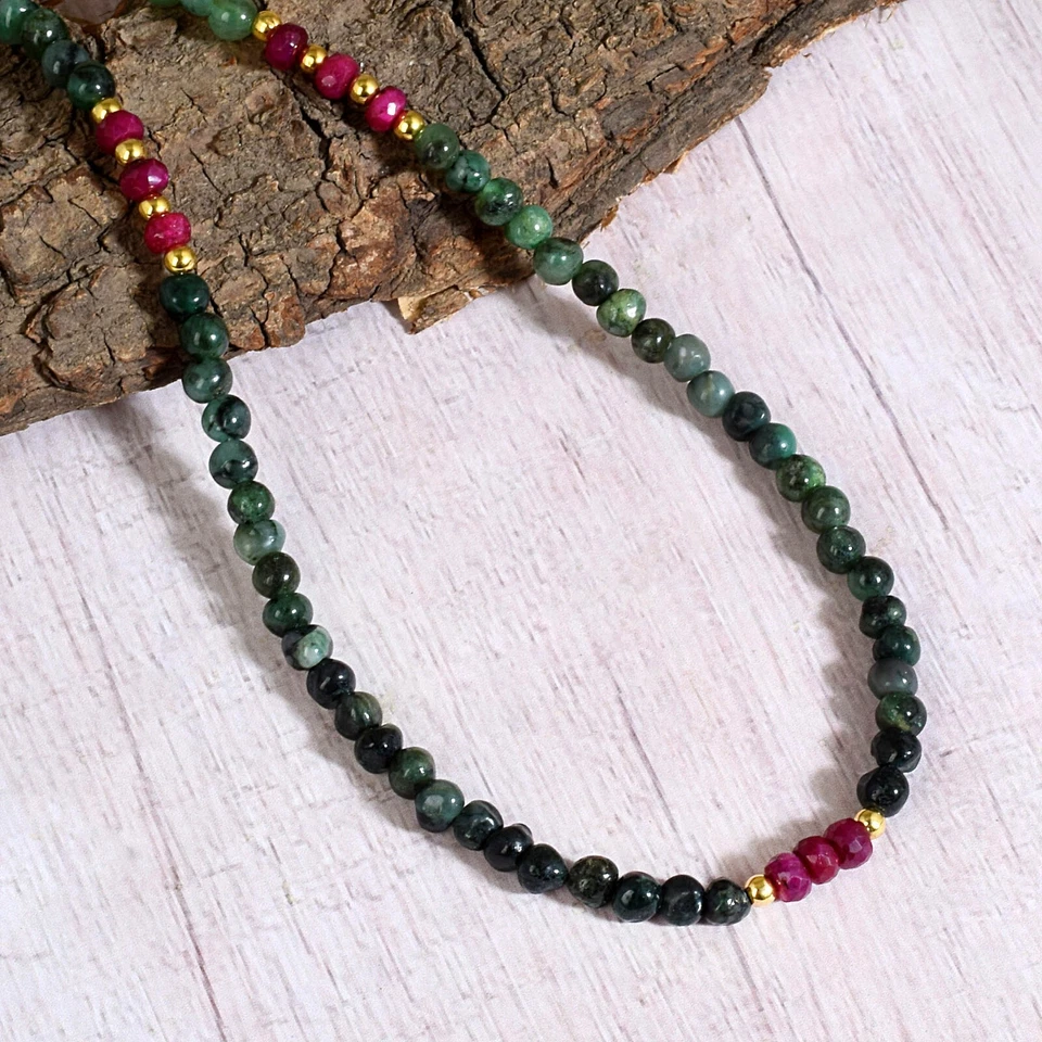 Natürliche Rubin & Smaragd Runde Perlen 18 " Kette 925 Silber Strand Damen Kette - Bild 3 von 4