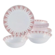 Ultra by Gibson Piper Point 12 Piece Opal Glass Dinnerware Set in White With Red