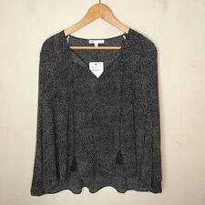 DR2 Women's Tasseled Blouse Top Size Small Black White Dotted Pleated NWT
