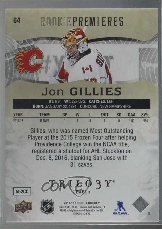 2017-18 Upper Deck Trilogy Premieres Level 1 /999 Jon Gillies #64 Rookie RC - Image 2 of 2