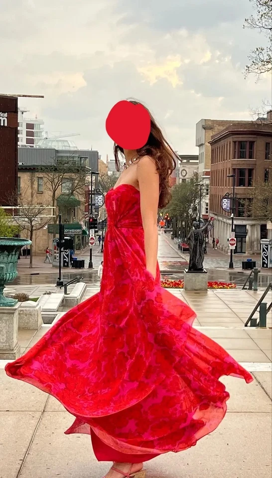 Badgley Mischka Womens Red Floral Drape Strapless Gown Dress Size 6 Retail $1100 - Image 2 of 4