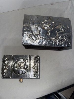Vintage Punched Tin Lidded Hinged Wood Christmas Snowman Box Santa 