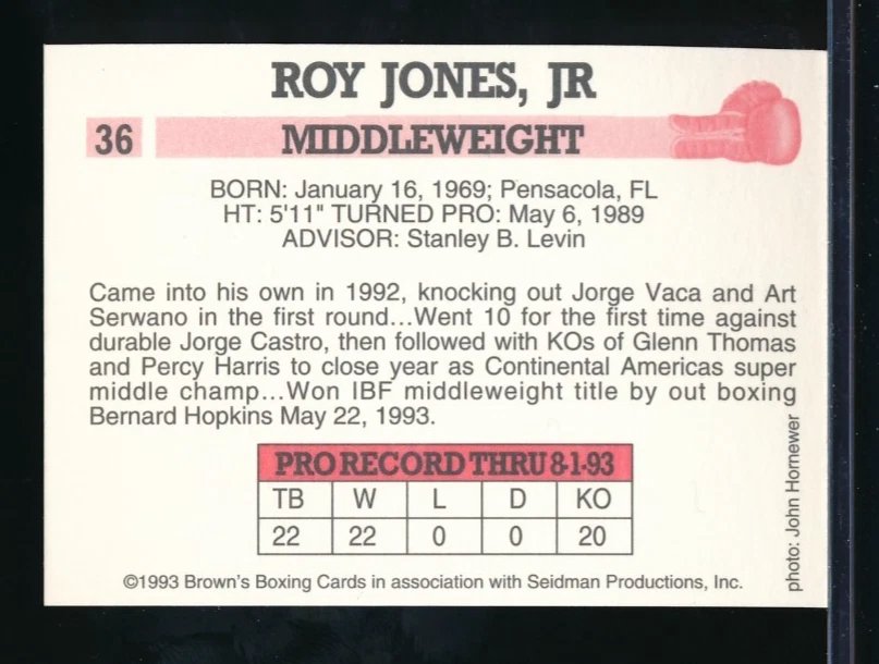 1993 Brown's Boxing card #36 Roy Jones Jr. NMMT to Mint centered gradable bxcp57 - Image 2 of 2