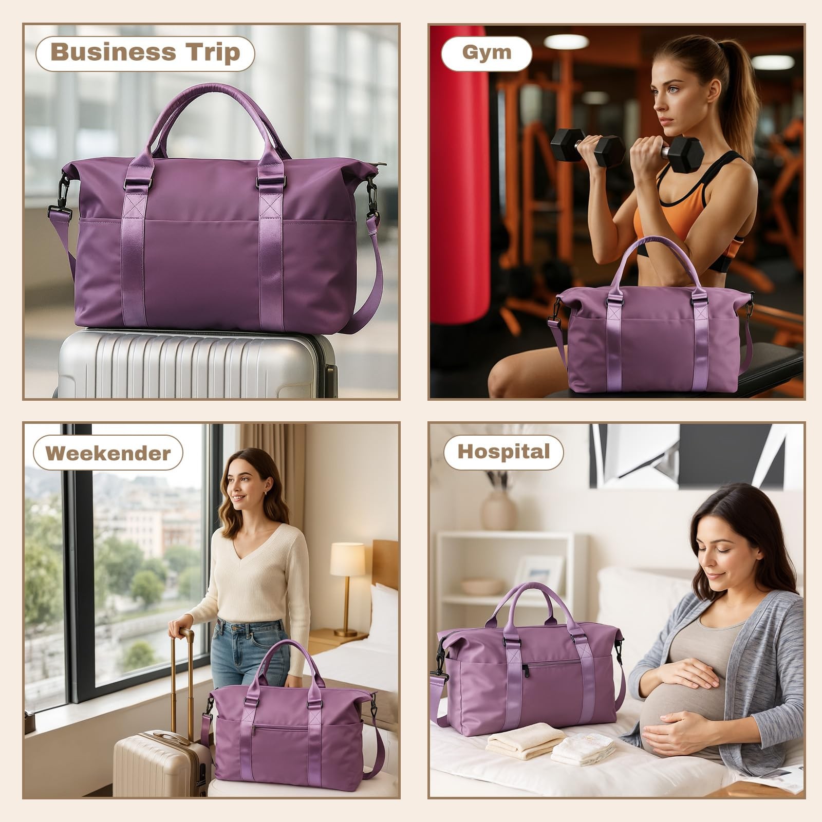 Purple Weekender Duffel Bag for Women - Overnight Carry-On with Trolley Sleeve