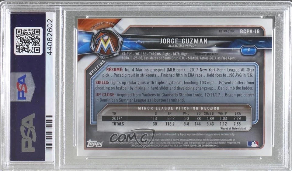 2018 Bowman Chrome Prospect Refractor /499 Jorge Guzman PSA 10 GEM MT Auto - Image 2 of 2
