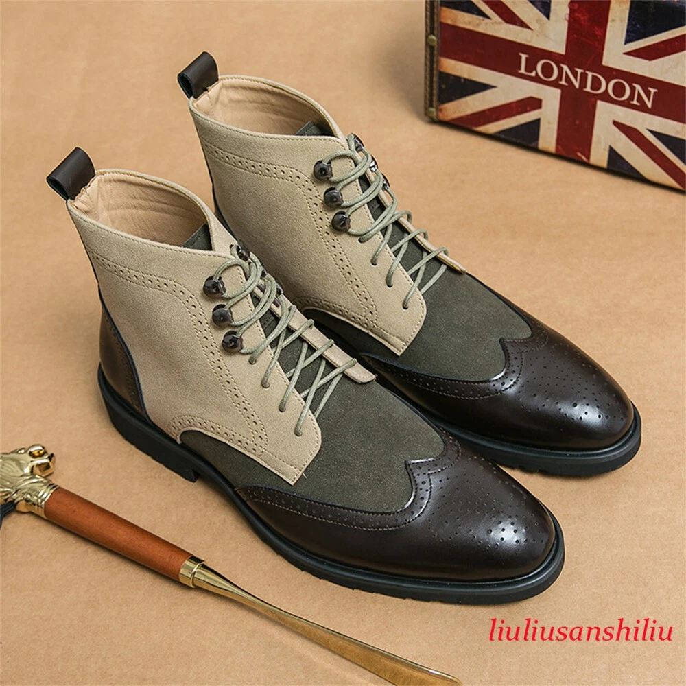 Men Wingtip Brogues Faux Leather Dress Shoes Fashion High Top Ankle Boot Lace Up