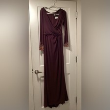 Mac Duggal Long Sleeve Beaded Cuff Gown Purple Wrap Dress 2 NEW