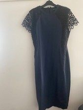 River Island navy blue black lace knee length pencil bodycon dress UK 14
