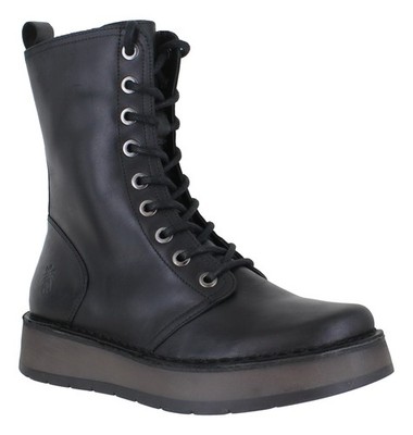 Fly London Rami Damen-Stiefeletten schwarz Reißverschluss Militär Schnürstil