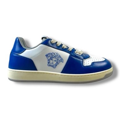 Versace Sneaker Logo Print Weiß Blau Leder Klettverschluss Größe EU 43