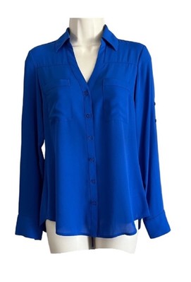 New Express Blue Portofino Silk Button Down Blouse XS