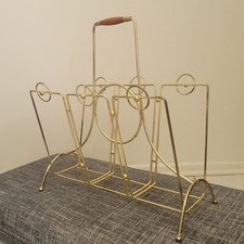 Vtg Magazine Rack MCM Metal Record Newspaper Laptop Storage Atomic Holder Brass