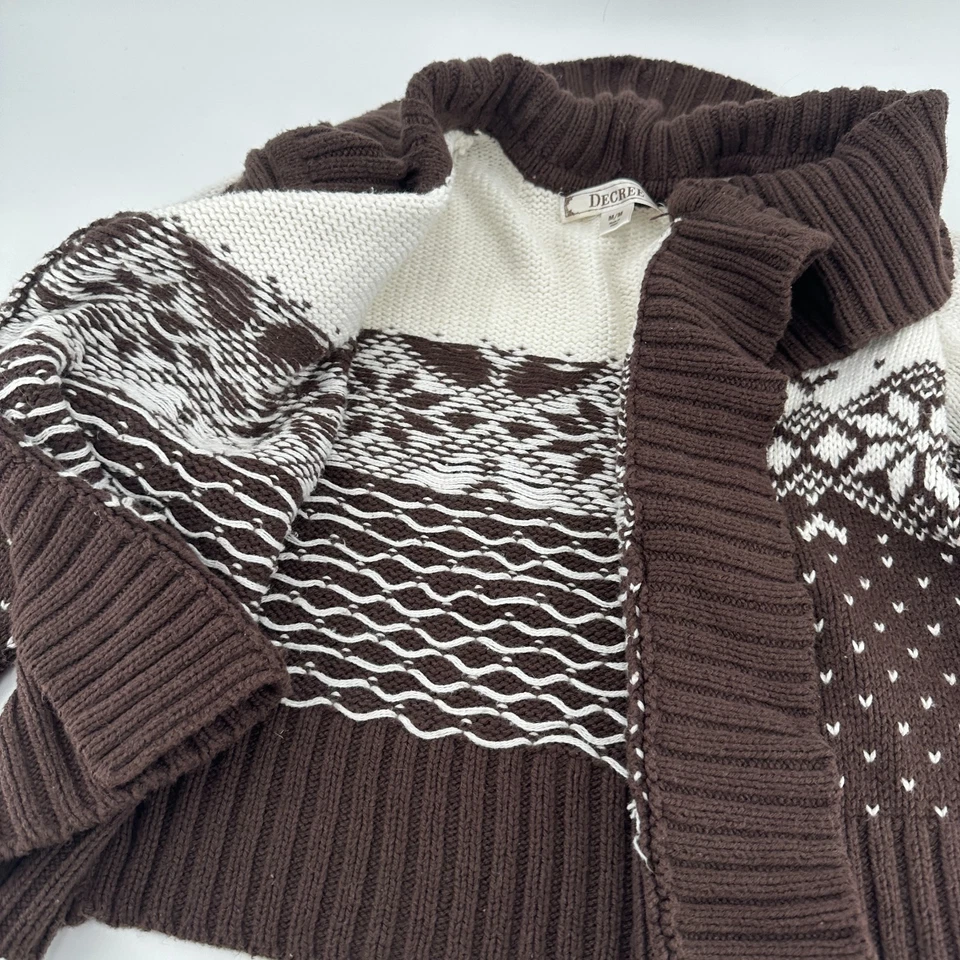 Cardigã feminino Decreto marrom branco ilha justa malha suéter xale aconchegante tamanho M - Imagem 3 de 4
