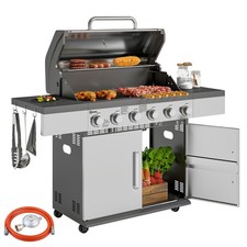 Gasgrill 2,49 kW Grillwagen inkl 6 Edelstahl-Brenner Rolle Thermometer …