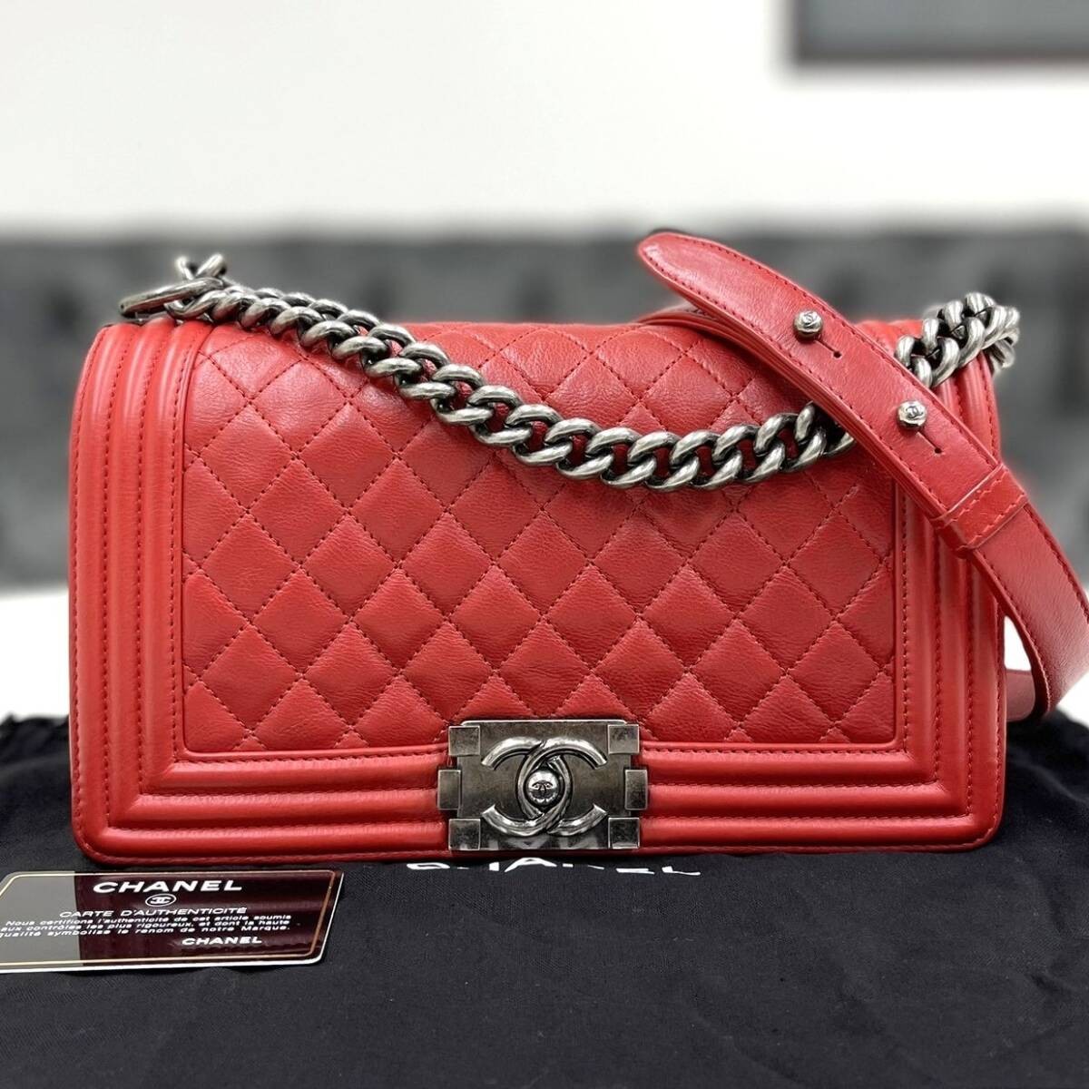 CHANEL Boy Red Matelass Shoulder Bag Model 17 Luxury Leather
