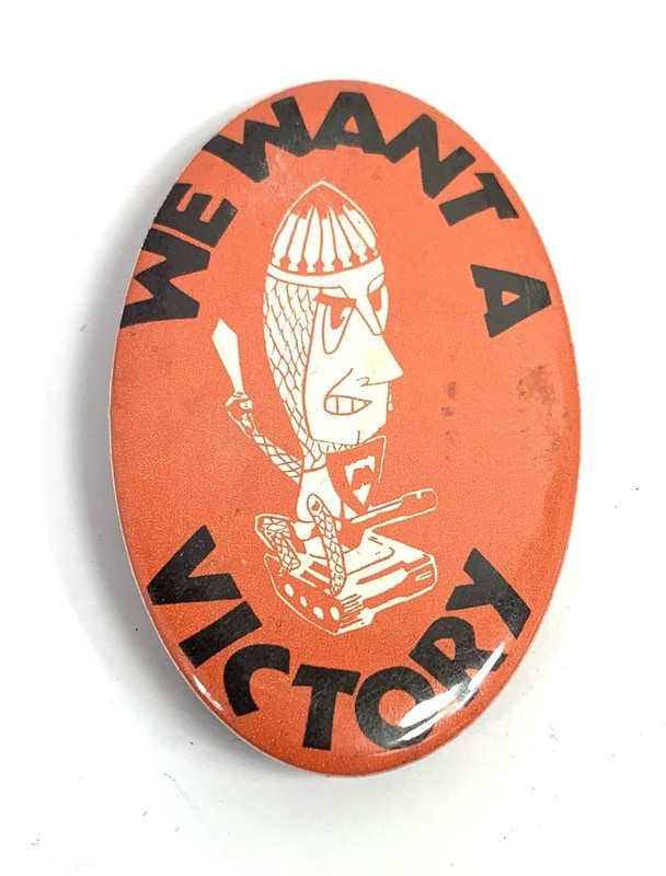 We Want A Victory Pinback Button - Knight Holding Sword Riding a Tank Mascot