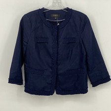 Talbots Navy Linen Cotton Fringe Trim Jacket Blazer Preowned Women s Size 8 Pet