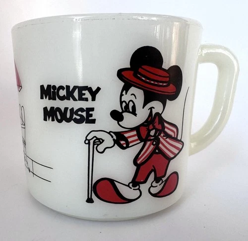 Vintage Anchor Hocking Fire King Mickey & Minnie Mouse Milk Glass Cup Mug Disney