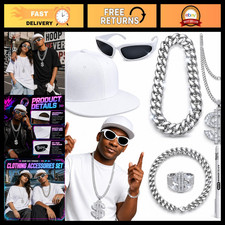 8 Pcs Hip Hop Costume Kit - 80s 90s Rapper Accessories, Fake Chains Bracelets