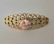 Vintage Hair Barrette  Made in France  Filigree Gold Tone  Porcelain Rose