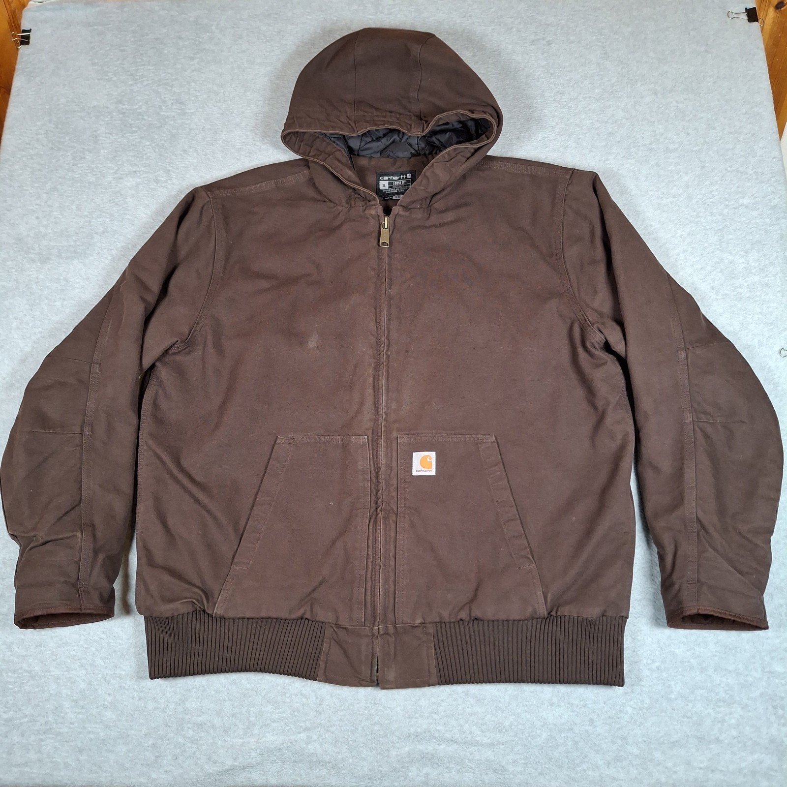 Carhartt J130-M Hooded Jacket Men XL Loose Fit Dark Brown Insulated Quilt Lined