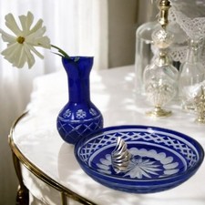 Set portagioie/piattino e mini vaso vintage blu cobalto taglio a vetro trasparente