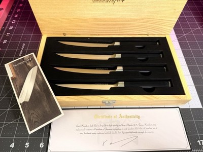 Kamikoto 4-Piece Steak Knife Set Japanese Honshu Steel New in Ash Wood Box COA