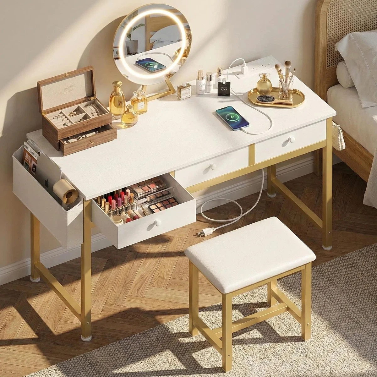 slim fit dress slacks Glass Top Vanity Set with Bench Outlets White & Gold