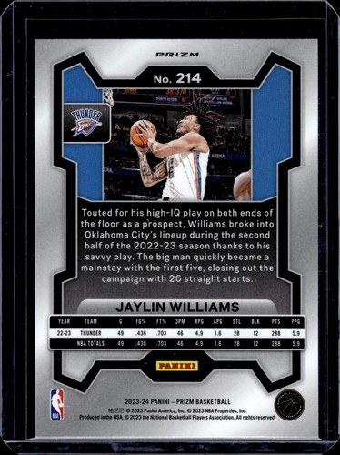 2023-24 Panini Prizm - Jaylin Williams #214 Orange Ice Prizm - Picture 2 of 2