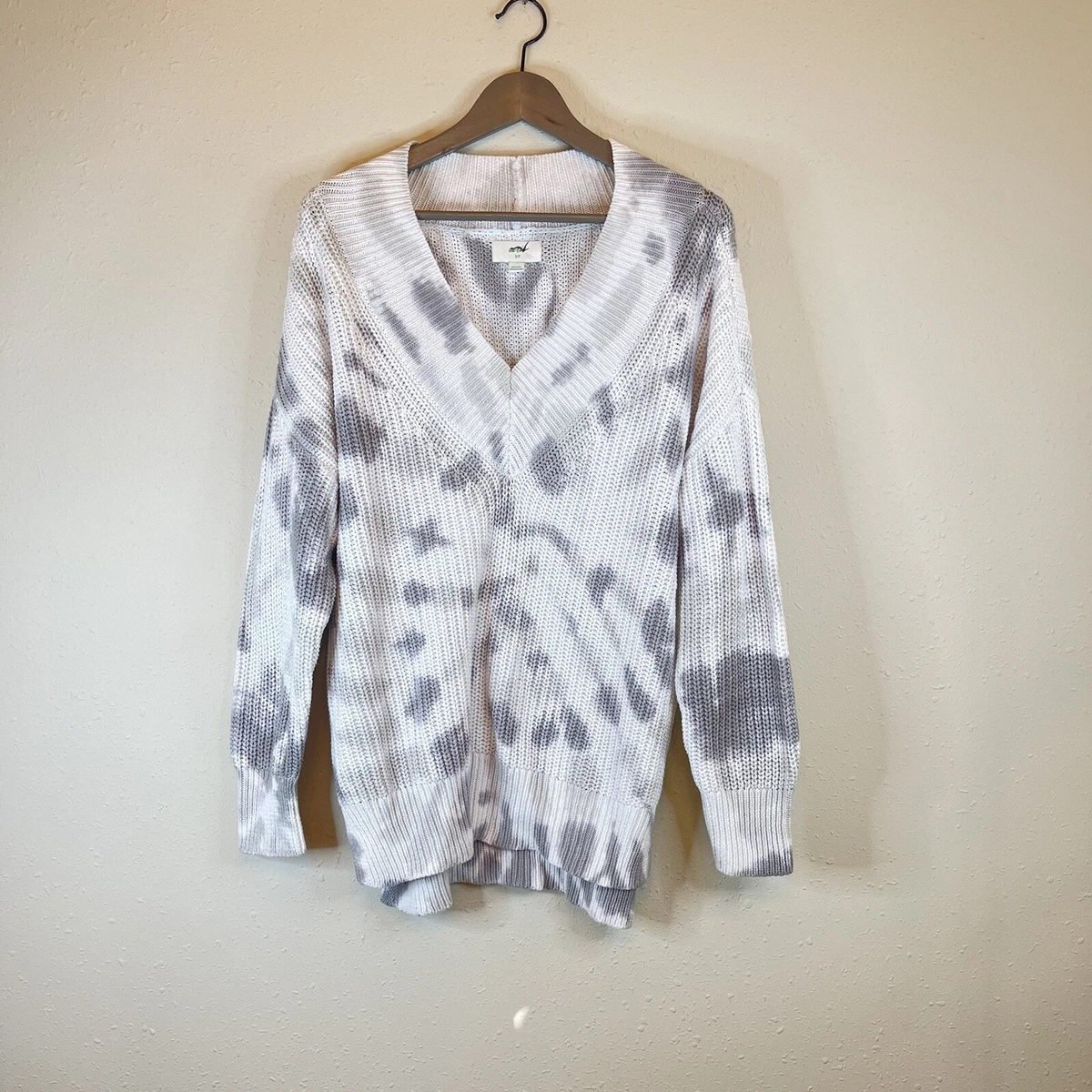 Aerie Tie Dye V Neck Knit Oversize White Gray Women s Cotton