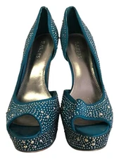 Bakers Showstopper Platform Pump Shoes Womens 10M Turquois Rhinestone Heel