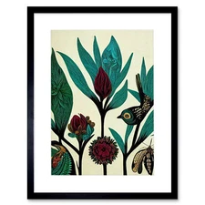 Folk Art Leaves Flowers Birds Burgundy Framed Wall Art Print Picture 12X16