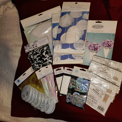 WEDDING tulle confetti tissue poms cupcake sticks pull bow ribbons stickers LOT!