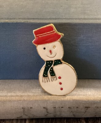 AAI Brooch Vintage Snowman Christmas Holiday Red Hat Textured Goldtone Winking