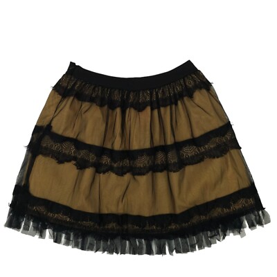 Pura Vida Lace Tulle Skirt Womens Size Fringe Lined Side Zip Black Beige  NEW
