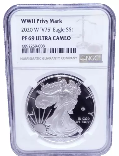 2020-W WWII Privy Mark V75 Eagle Silver $1 Coin - NGC PF 69 Ultra Cameo