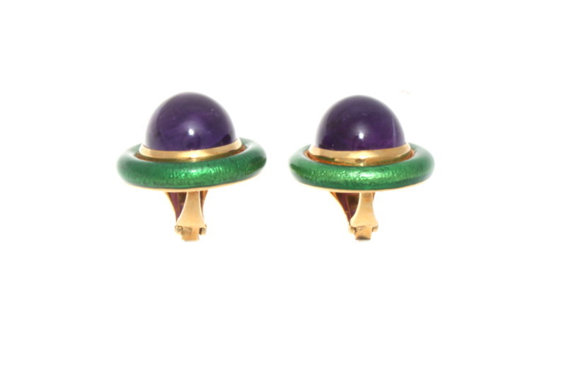 VERY RARE VINTAGE DAVID WEBB 18K YELLOW GOLD GREEN ENAMEL & AMETHYST EARRINGS image 4