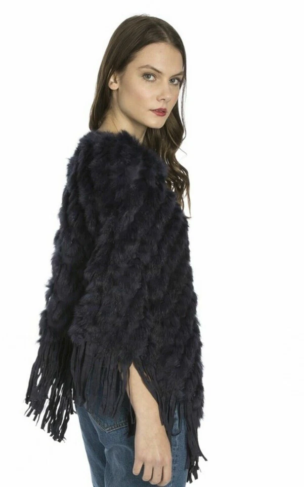 Jayley Navy Blue Fox And Coney Fur Suedette  Fringed Poncho One Size Bnwt - Image 2 of 3