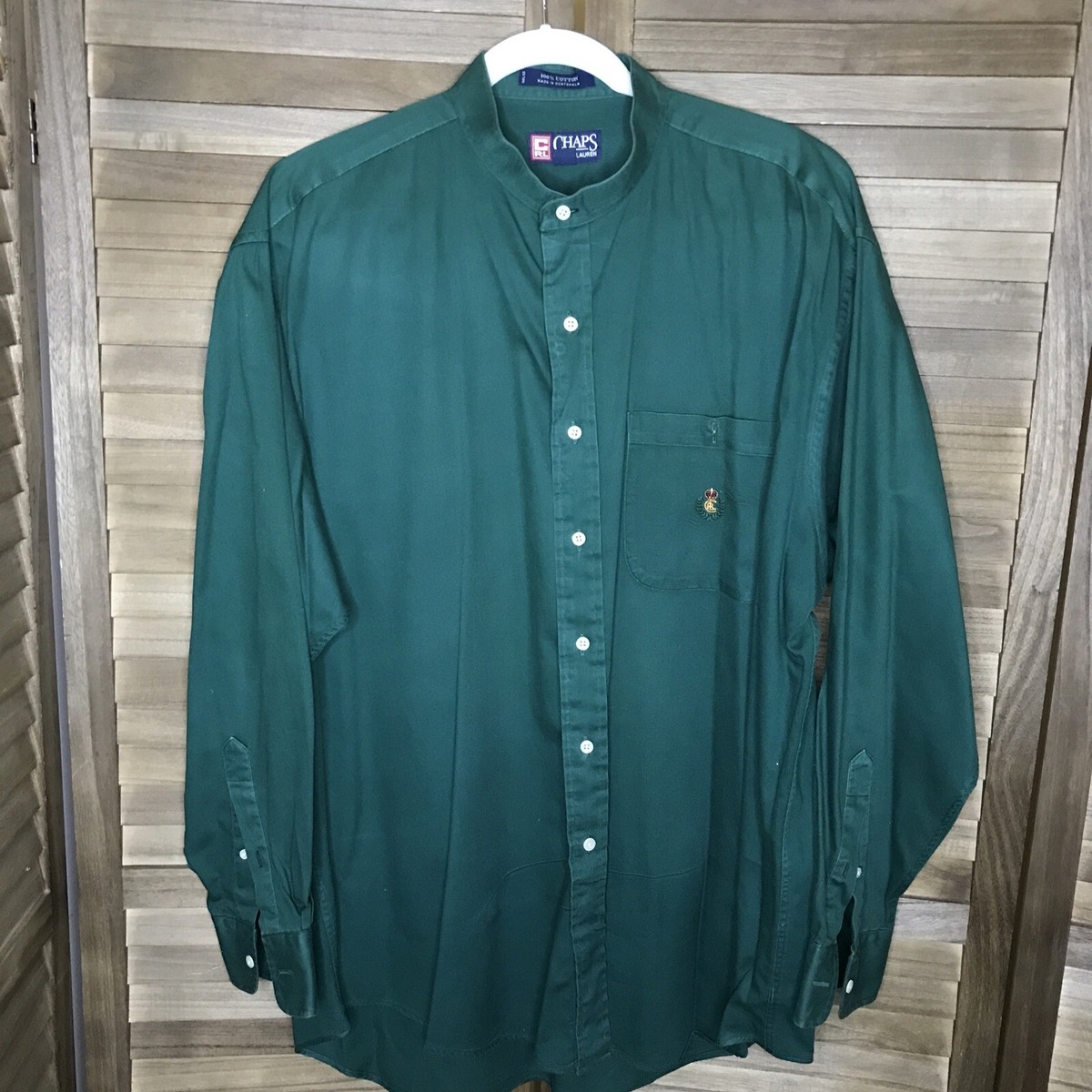 Chaps Ralph Lauren Mens Shirt Band Collar Irish green 17 1/2 Cotton Crest Logo Chaps Ralph Lauren Mens Shirt Band Collar Irish green 17 1/2 Cotton Crest Logo