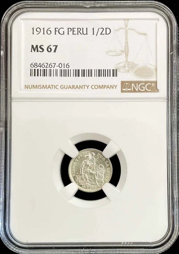 1916 SILVER PERU 1/2 DINERO SEATED LIBERTY COIN NGC MINT STATE 67