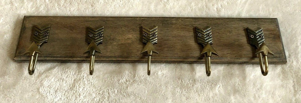 Brass Arrowheads on Wood Coat Hat Towel Rack Hooks