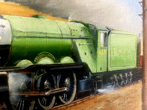 RAILWAY ART -QUALITY OIL PAINTING BY LISTED ARTIST R SIMM OF THE FLYING SCOTSMAN - Picture 11 of 13