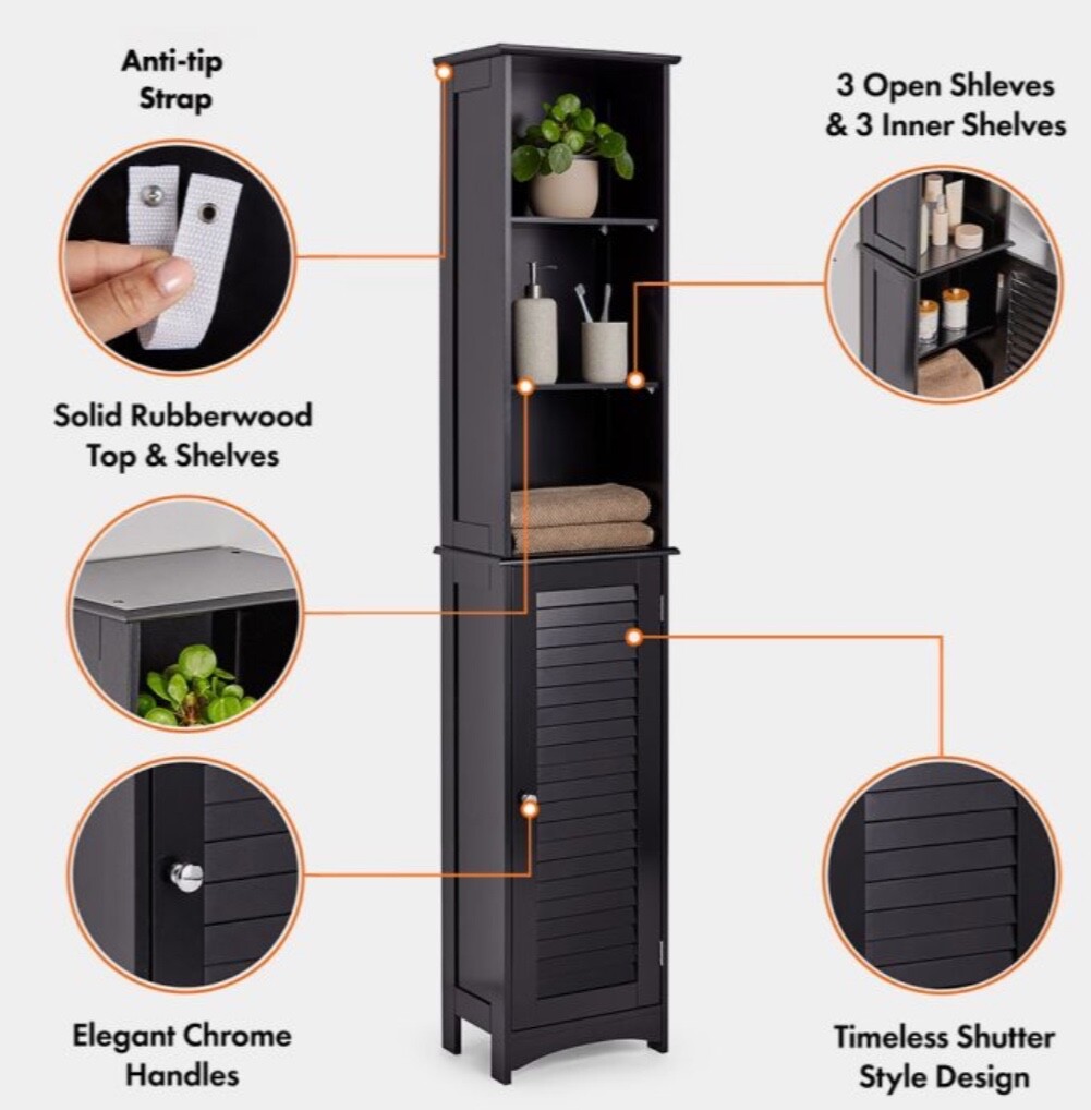 Shrewsbury Tall Bathroom Black Wooden Tallboy Storage Cupboard