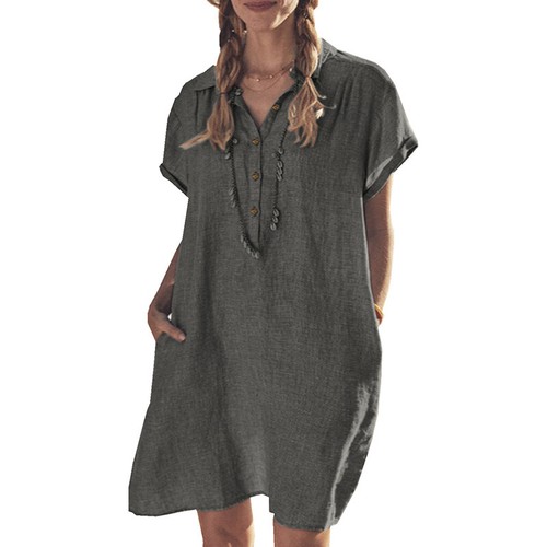 Damen Baumwolle Leinen Baggy T-Shirt Kleid Damen Freizeit Tunika Bluse Tops Plus - Bild 9 von 12