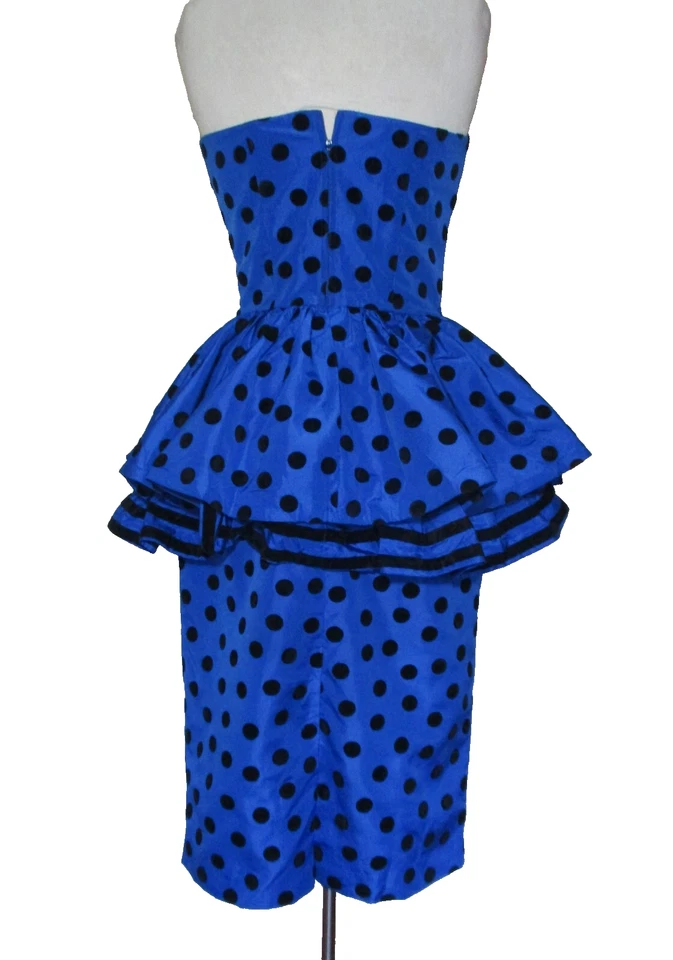 Vintage Leslie Lucks Blue Black Polka Dot Peplum Dress XS/S Women Strapless - Image 3 of 4