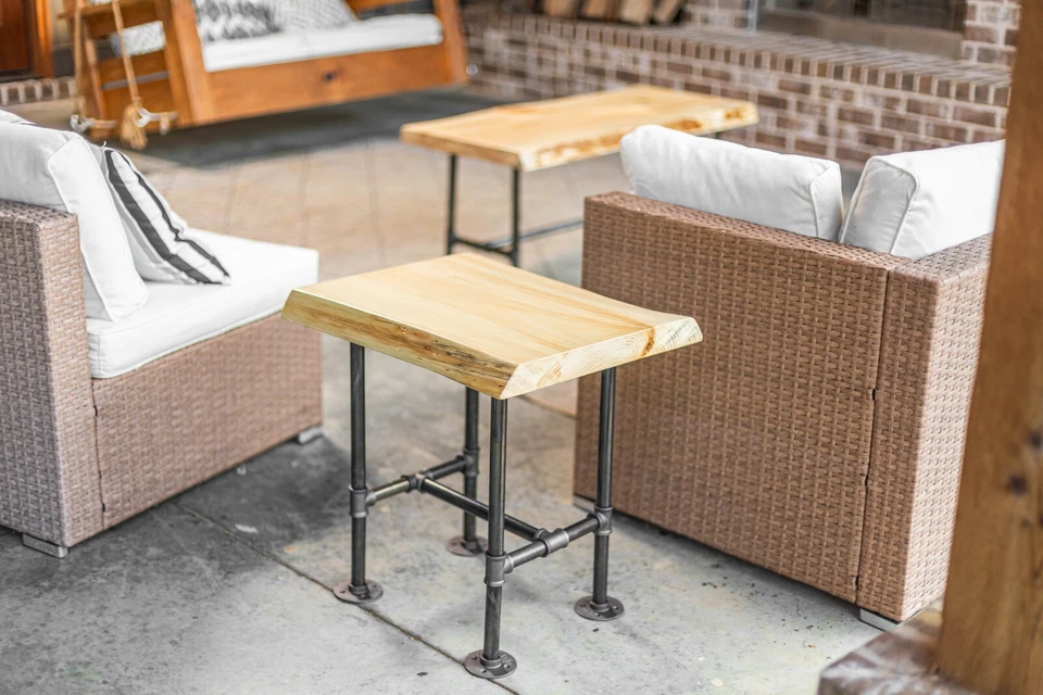 Industrial Pipe End Table Steampunk Cabin Furniture Live Edge Slab  - Image 4 of 4