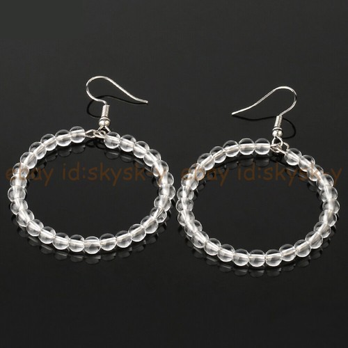 Handmade 4mm Natural Round Gemstone Beaded Ring Dangle Silver Hook Earrings - Picture 32 of 34