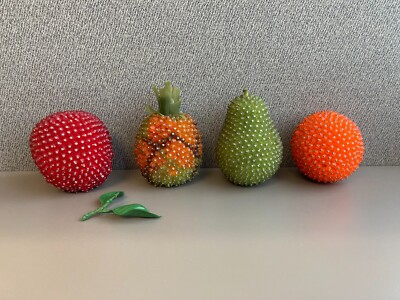 Lot of 4 Vintage Beaded Push Pin Faux Fruit Apple Pear Orange Pineapple 4 inches