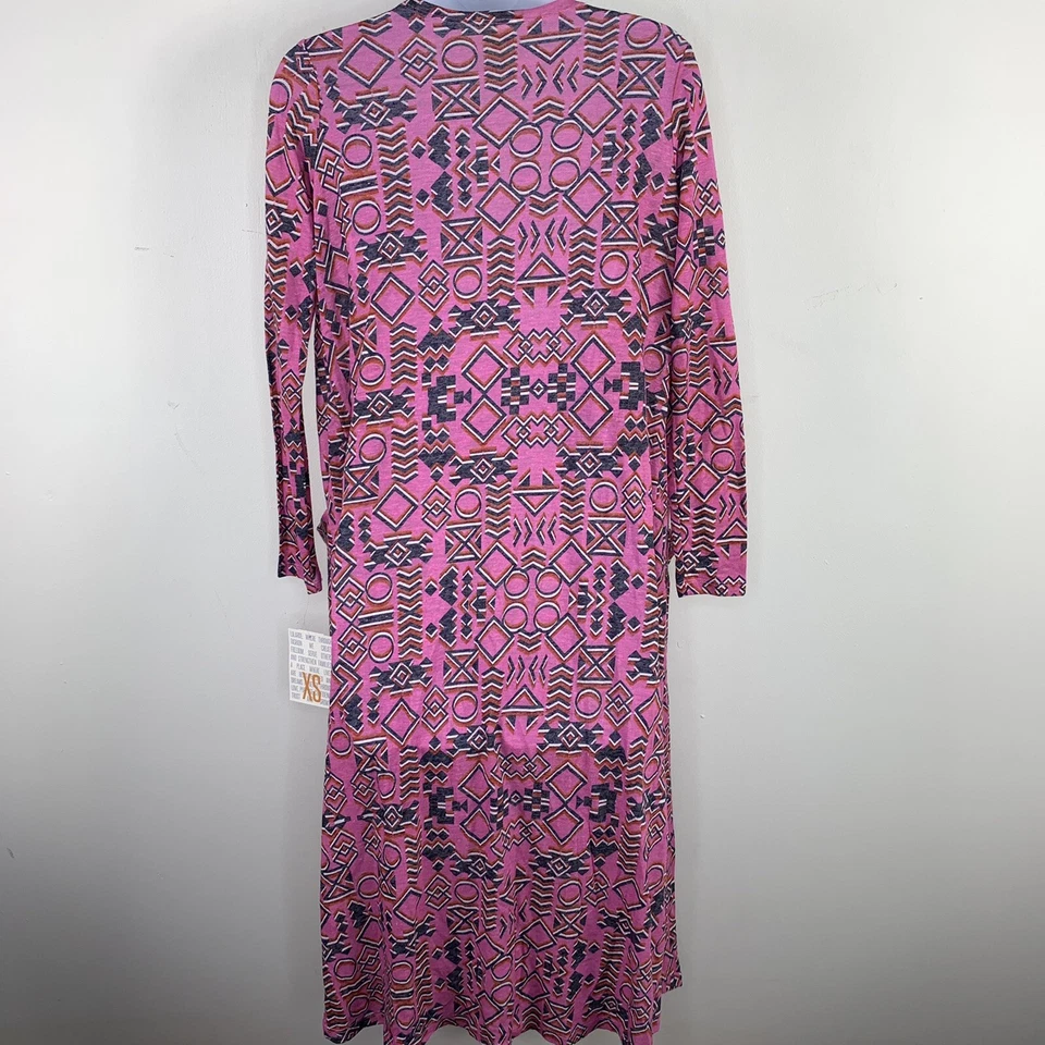 LulaRoe Womens Cardigan Sweater Sz XS Pink Black Geometric Long Duster Sarah NEW - Image 2 of 4
